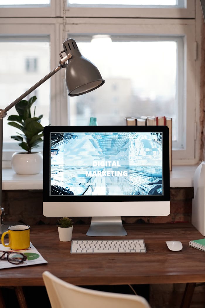 gallery-06 Contemporary home office desk with digital marketing screen, perfect for remote work inspiration.